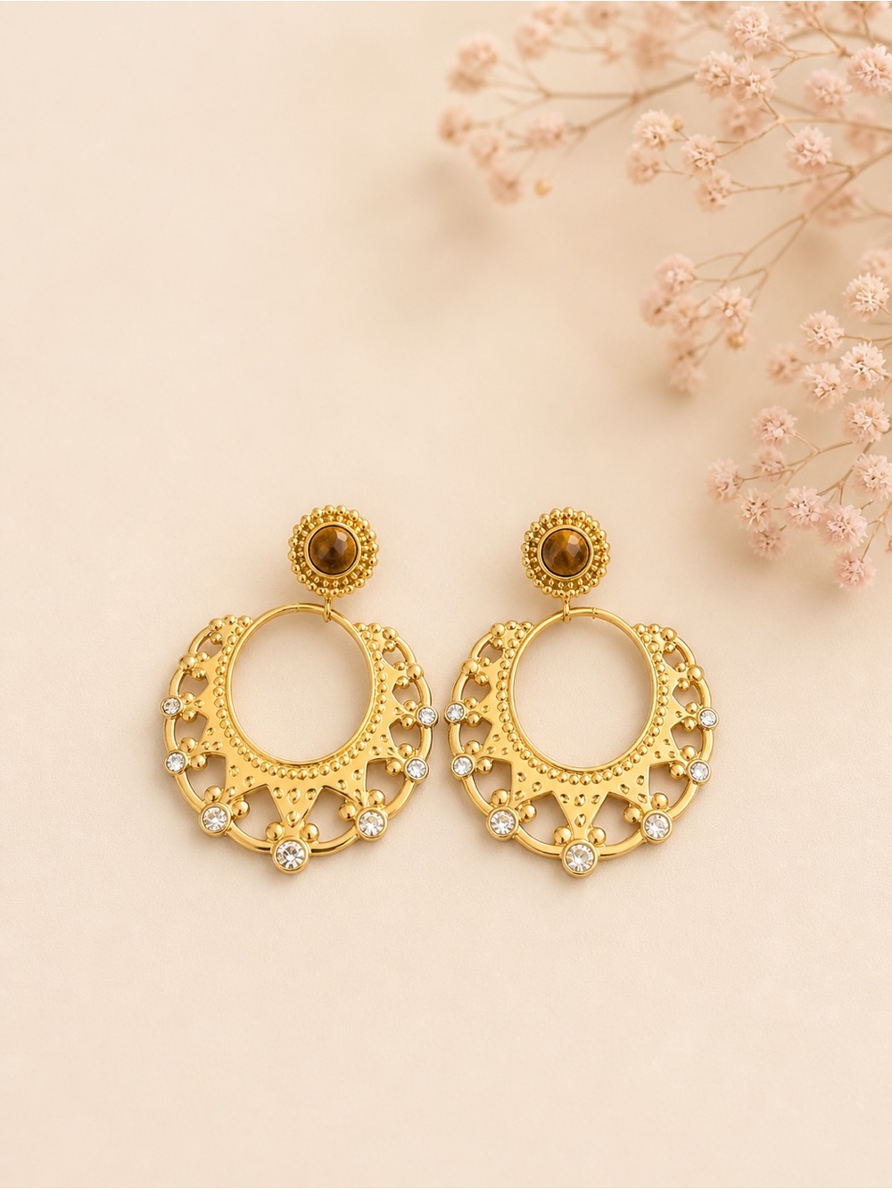 Gold Hoop Drop Earrings with Clear Stones - Women Jewelry